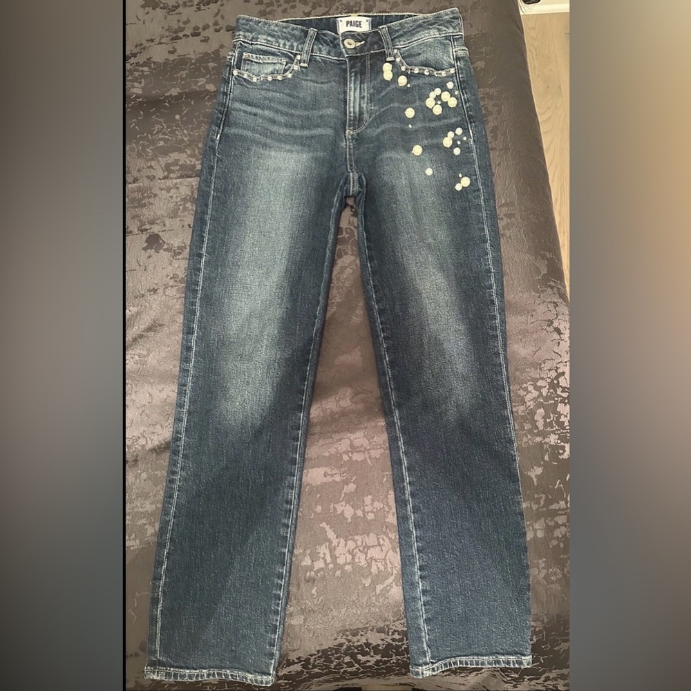 Paige Jeans Womens 26 Blue Straight Leg Jacqueline Studded Pearls Medium wash